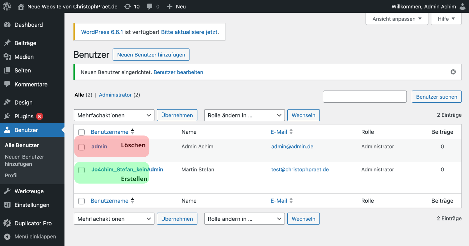 Adminuser löschen und neuen Admin erstellen