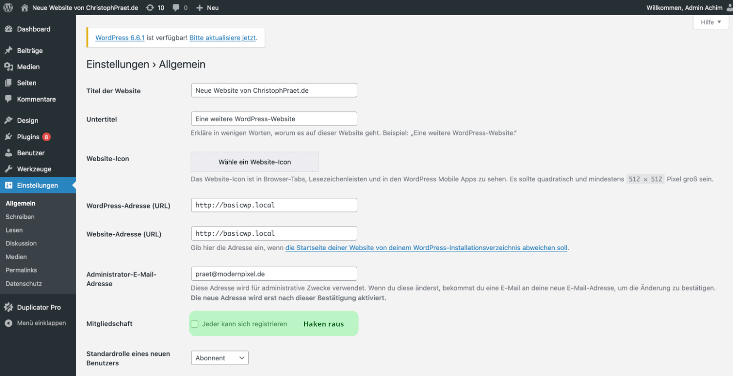 Jeder kann sich registrieren in WordPress deaktivieren.